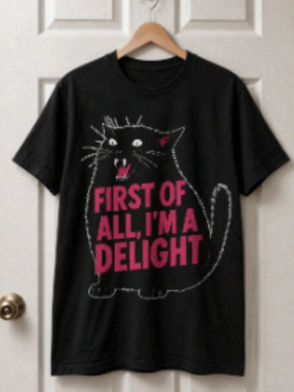 Funny Black Cat Graphic Tee First Of All Im A Delight Vintage Humor Shirt